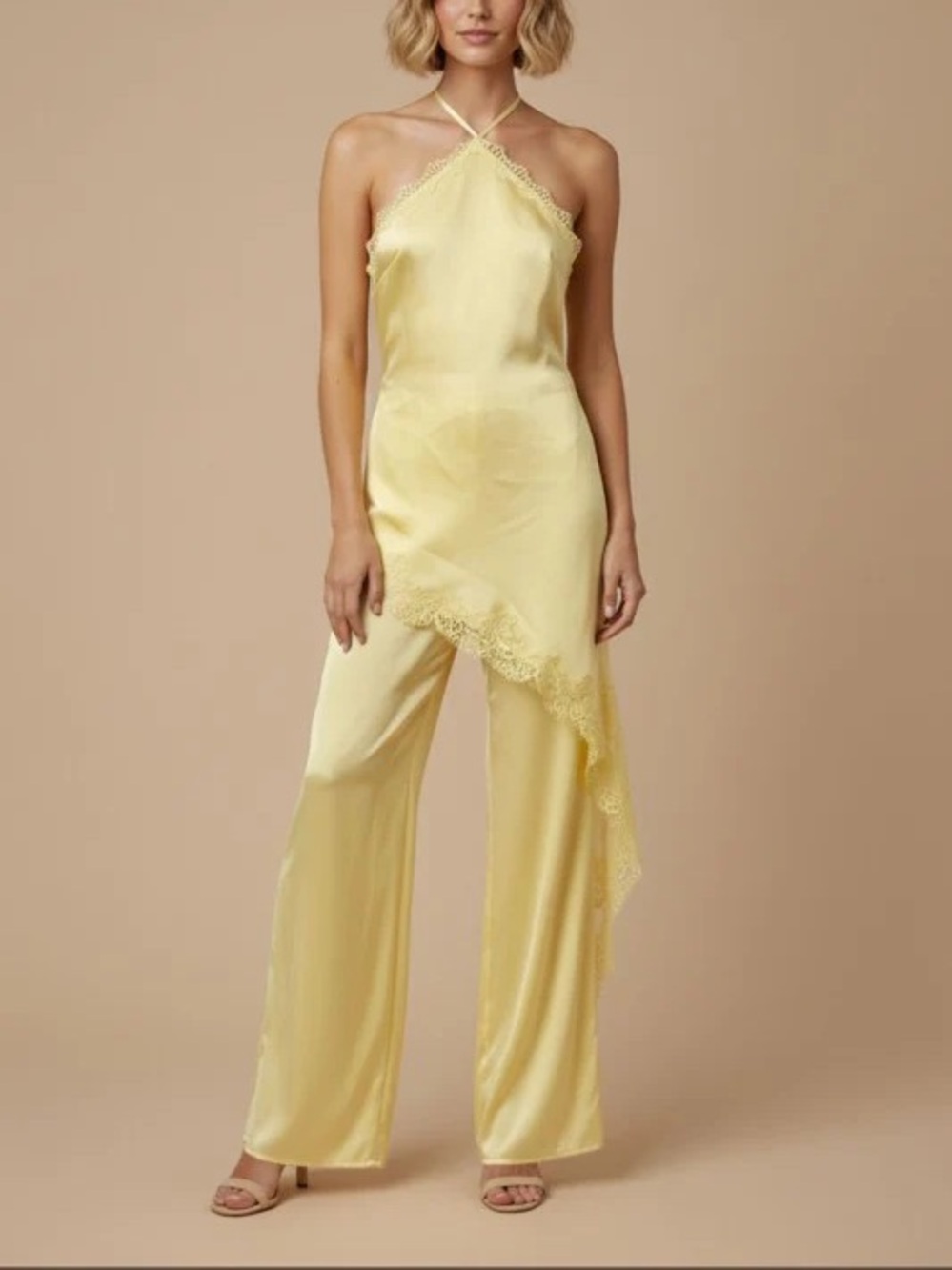 Yellow Satin Halter Lace-Trim Jumpsuit